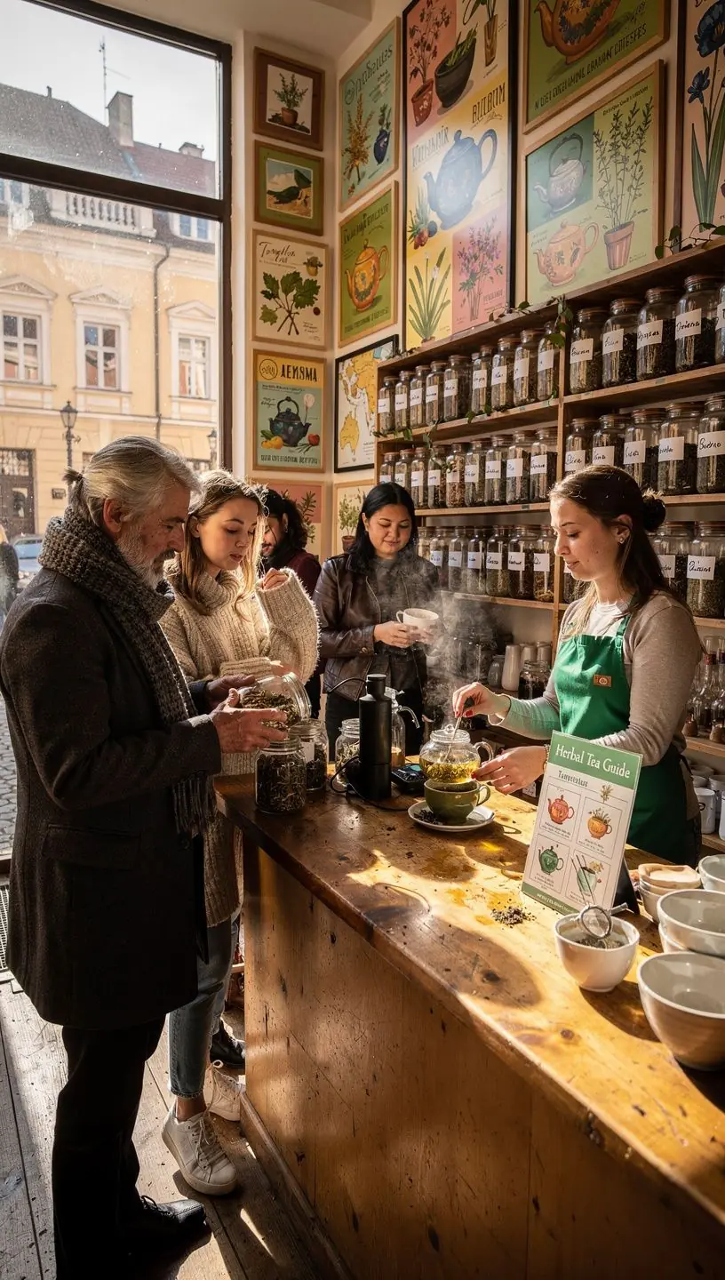 Žolelių arbatos ingredientai – ramunėlės, mėtos ir liepžiedžiai ant medinio paviršiaus.